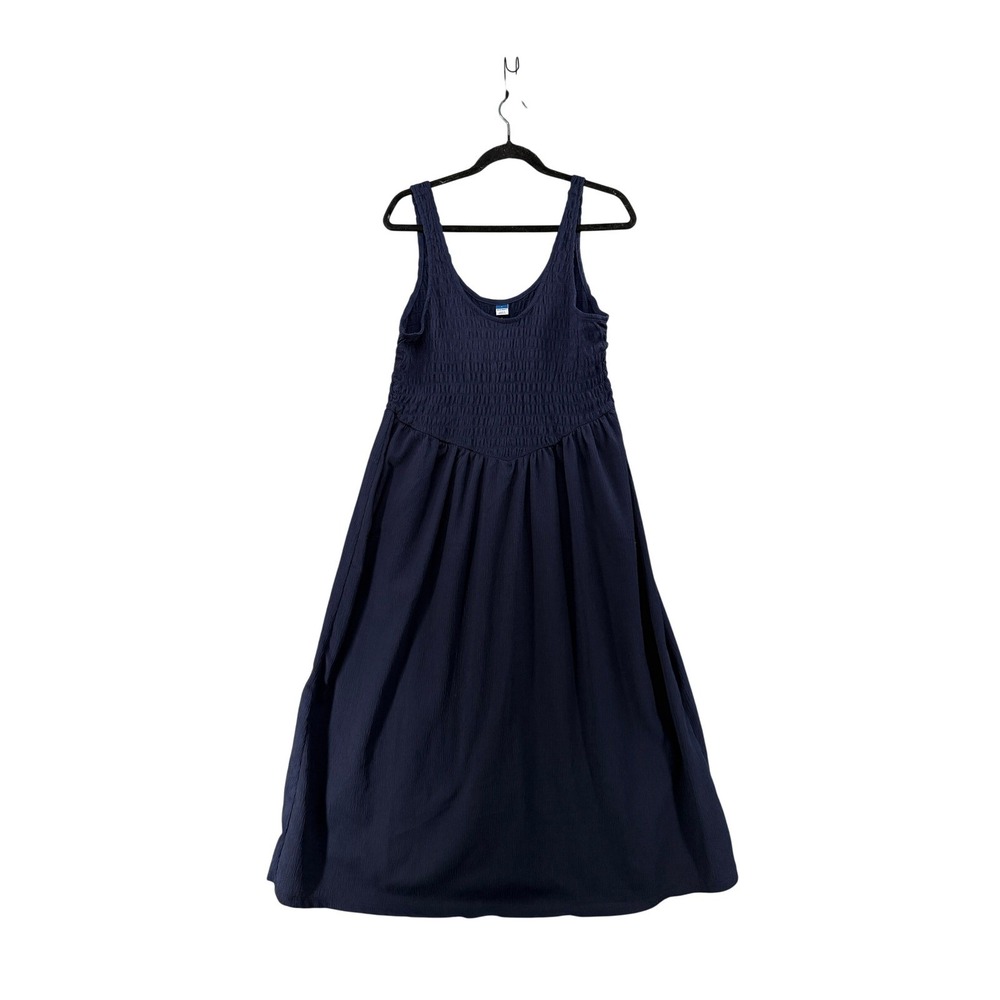 Old Navy Dress Womens L Navy Crinkle Fit & Flare Smocked Midi Coastal Resortwear
